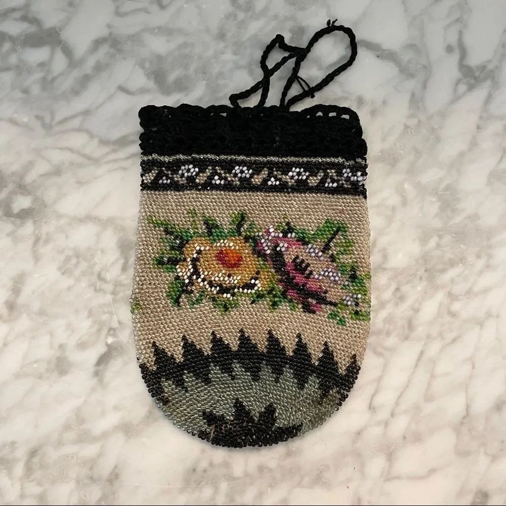 Antique Microbeaded Reticule Drawstring Purse
